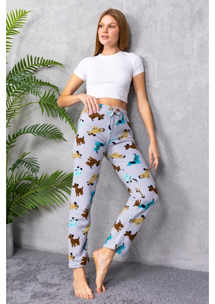 Kadın Beli Lastikli Köpek Desenli Polar Pijama Alt Gri - 2068 fırsatları