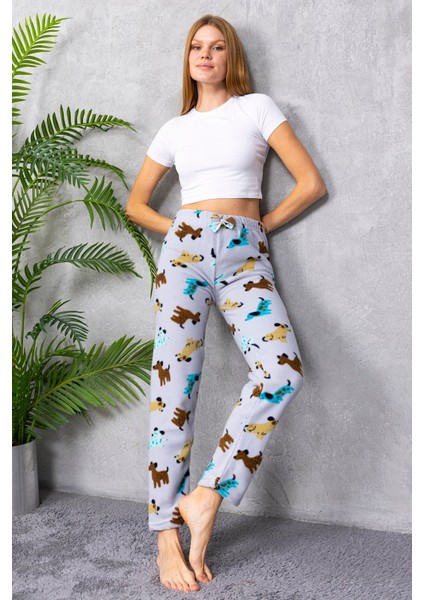 Kadın Beli Lastikli Köpek Desenli Polar Pijama Alt Gri - 2068 indirimleri