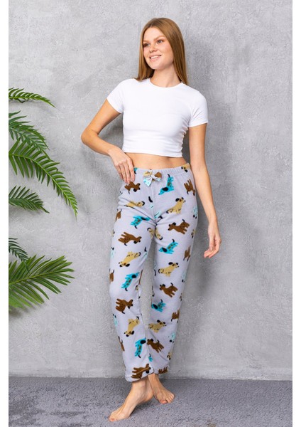 Kadın Beli Lastikli Köpek Desenli Polar Pijama Alt Gri - 2068