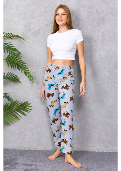 Kadın Beli Lastikli Köpek Desenli Polar Pijama Alt Gri - 2068
