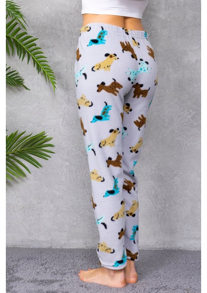 Kadın Beli Lastikli Köpek Desenli Polar Pijama Alt Gri - 2068