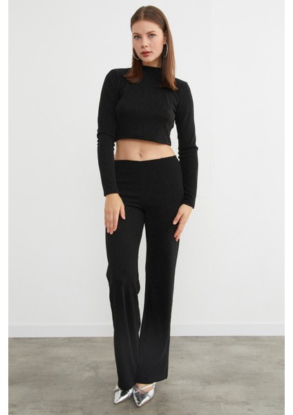 Beli Lastikli Taşlı ve Simli Palazzo Pantolon