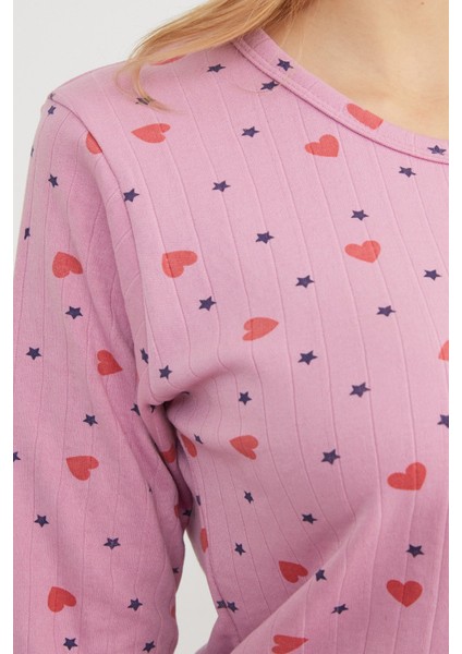 Büyük Beden Kalp ve Yıldız Desenli Pijama Takımı
