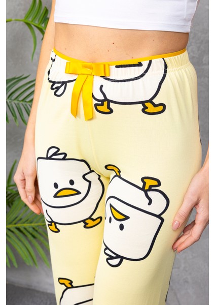 Kadın Beli Lastikli Civciv Desenli Pijama Alt Sarı - 4544
