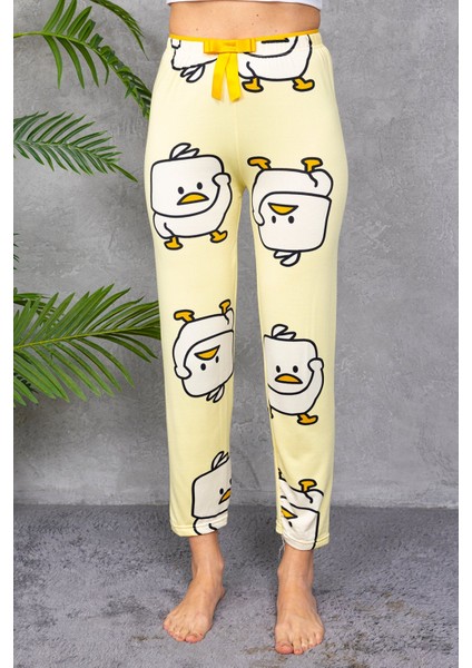 Kadın Beli Lastikli Civciv Desenli Pijama Alt Sarı - 4544