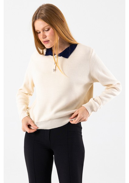 Kadın Polo Yaka Düğme Detaylı Triko Kazak Taş - 25K 2546 fiyatları