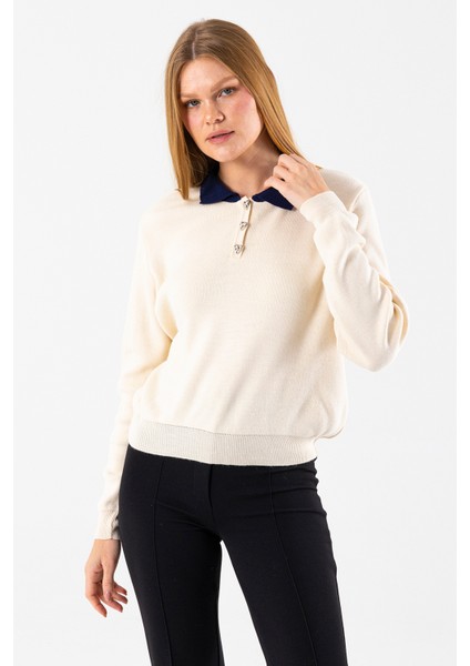 Kadın Polo Yaka Düğme Detaylı Triko Kazak Taş - 25K 2546 fırsatları