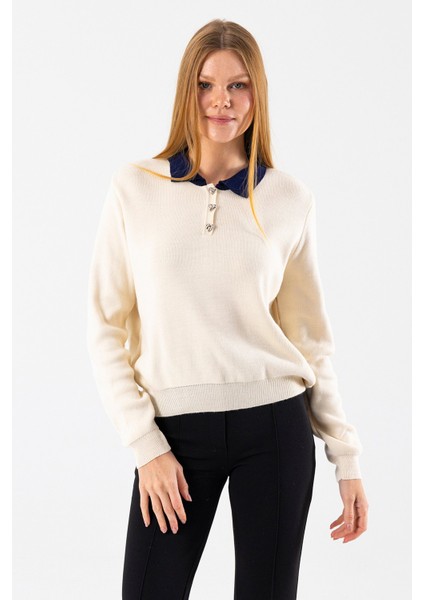 Kadın Polo Yaka Düğme Detaylı Triko Kazak Taş - 25K 2546 indirimleri