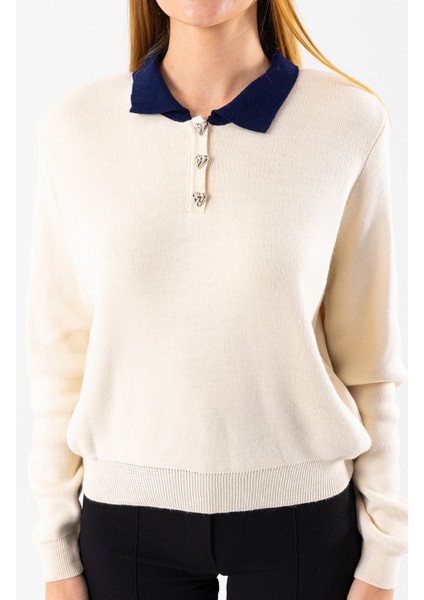 Kadın Polo Yaka Düğme Detaylı Triko Kazak Taş - 25K 2546