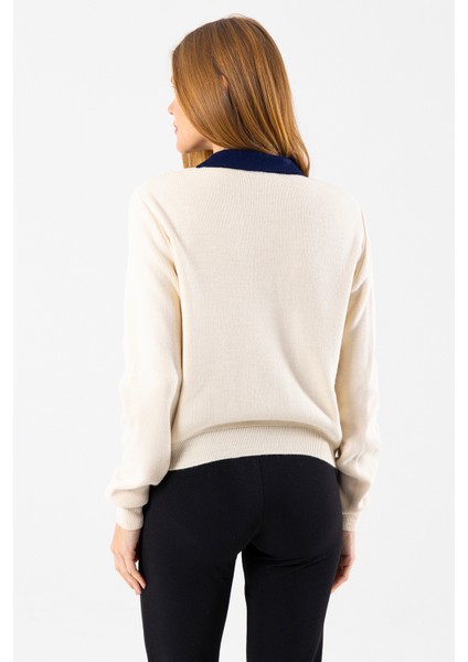 Kadın Polo Yaka Düğme Detaylı Triko Kazak Taş - 25K 2546