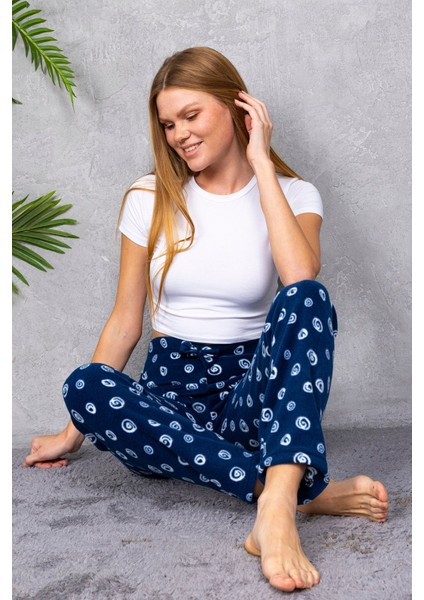 Kadın Beli Lastikli Desenli Polar Pijama Altı Lacivert - 2068 modelleri