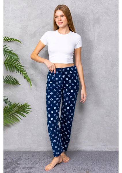 Kadın Beli Lastikli Desenli Polar Pijama Altı Lacivert - 2068 fırsatları