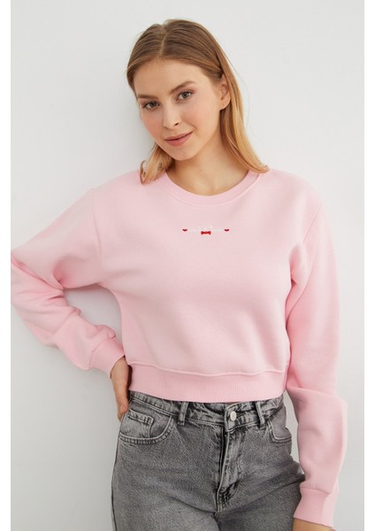 3 Iplik Ayıcık Nakışlı Crop Sweatshirt
