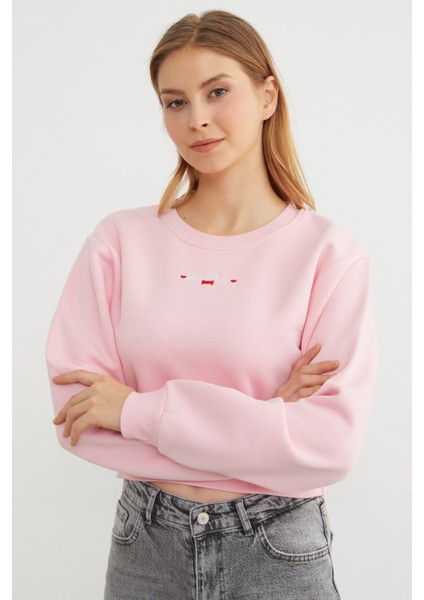 3 Iplik Ayıcık Nakışlı Crop Sweatshirt modelleri