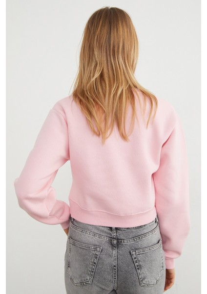 3 Iplik Ayıcık Nakışlı Crop Sweatshirt
