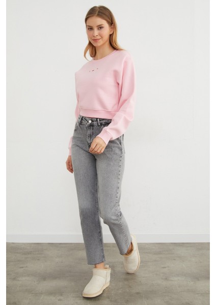 3 Iplik Ayıcık Nakışlı Crop Sweatshirt