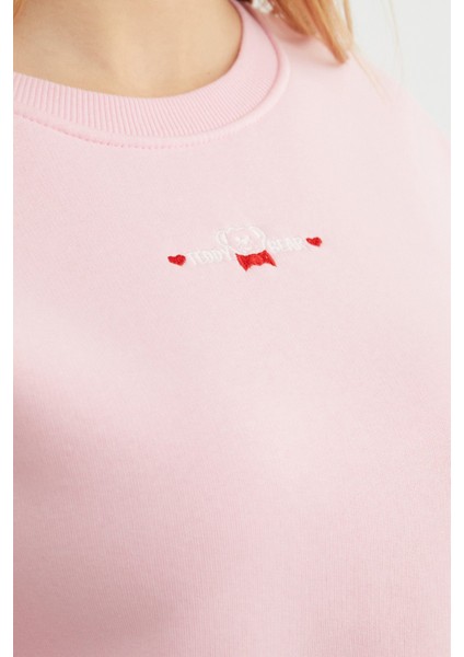 3 Iplik Ayıcık Nakışlı Crop Sweatshirt