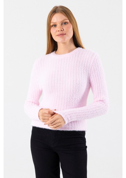 Kadın Bisiklet Yaka Fitilli Detaylı Triko Kazak Pembe - 25-567