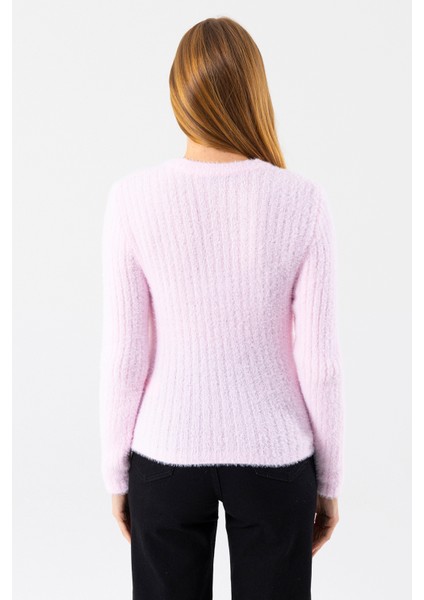 Kadın Bisiklet Yaka Fitilli Detaylı Triko Kazak Pembe - 25-567