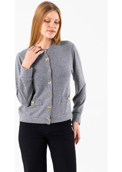 Kadın Bisiklet Yaka Düğmeli Yumuşak Dokulu Hırka Gri - 2686 modelleri
