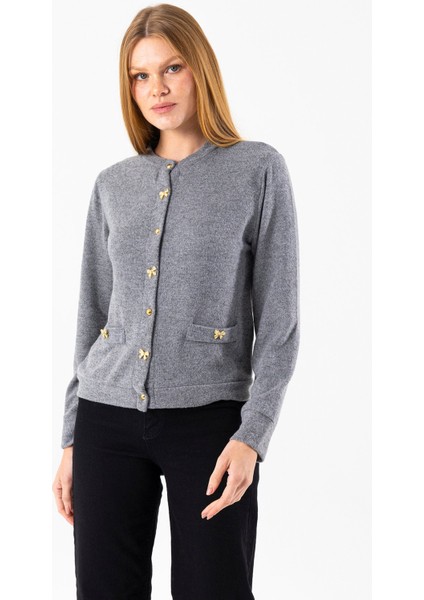 Kadın Bisiklet Yaka Düğmeli Yumuşak Dokulu Hırka Gri - 2686 fırsatları