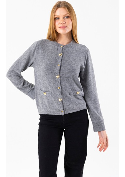 Kadın Bisiklet Yaka Düğmeli Yumuşak Dokulu Hırka Gri - 2686 indirimleri