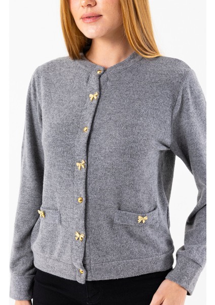 Kadın Bisiklet Yaka Düğmeli Yumuşak Dokulu Hırka Gri - 2686