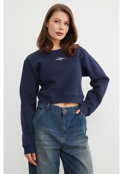 3 Iplik Ayıcık Nakışlı Crop Sweatshirt