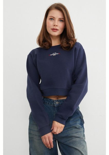 3 Iplik Ayıcık Nakışlı Crop Sweatshirt