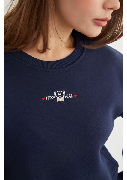 3 Iplik Ayıcık Nakışlı Crop Sweatshirt