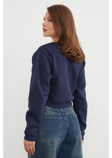 3 Iplik Ayıcık Nakışlı Crop Sweatshirt