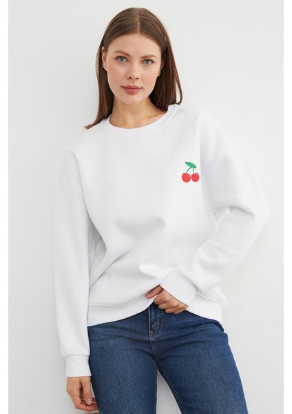 3 Iplik Kiraz Baskılı Oversize Sweatshirt