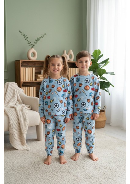 Top Desenli Bisiklet Yaka Polar Unisex Çocuk Pijama Takımı