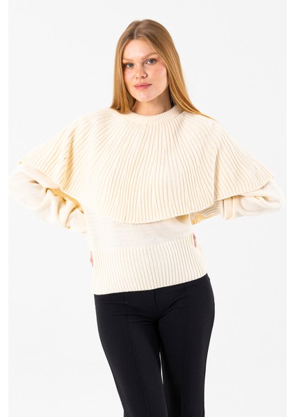 Kadın Bisiklet Yaka Pelerin Detaylı Triko Kazak Krem - 2271