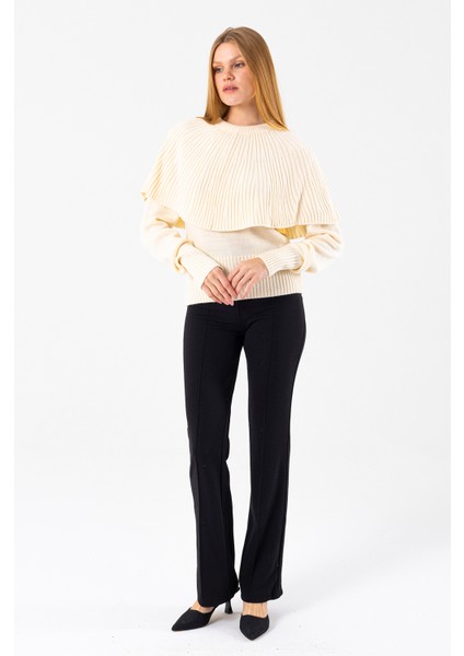 Kadın Bisiklet Yaka Pelerin Detaylı Triko Kazak Krem - 2271 modelleri