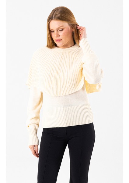 Kadın Bisiklet Yaka Pelerin Detaylı Triko Kazak Krem - 2271 fırsatları