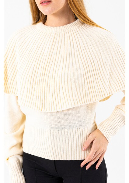 Kadın Bisiklet Yaka Pelerin Detaylı Triko Kazak Krem - 2271