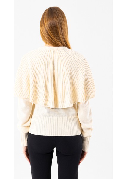 Kadın Bisiklet Yaka Pelerin Detaylı Triko Kazak Krem - 2271
