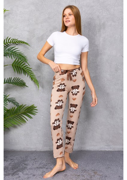 Kadın Beli Lastikli Ayıcık Desenli Pijama Alt Kahverengi - 4535