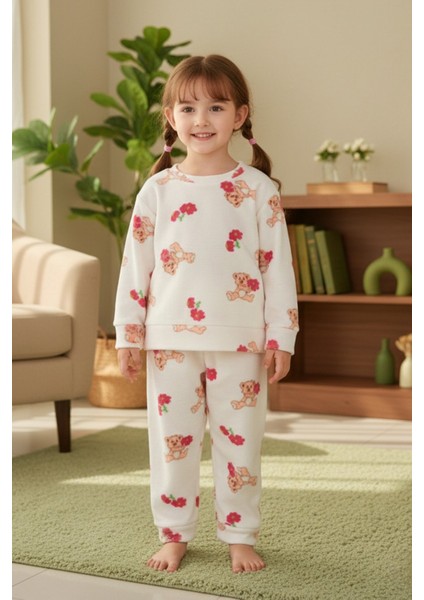 Ayıcık Desenli Bisiklet Yaka Polar Kız Çocuk Pijama Takımı