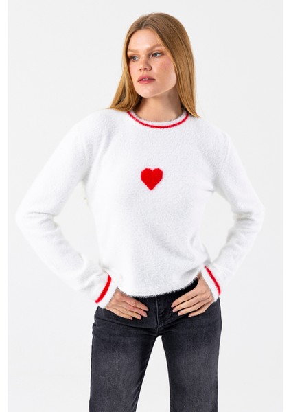 Kadın Bisiklet Yaka Kalp Detaylı Triko Kazak Beyaz - 2358 fiyatları