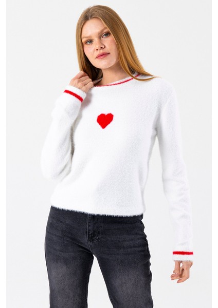 Kadın Bisiklet Yaka Kalp Detaylı Triko Kazak Beyaz - 2358 modelleri