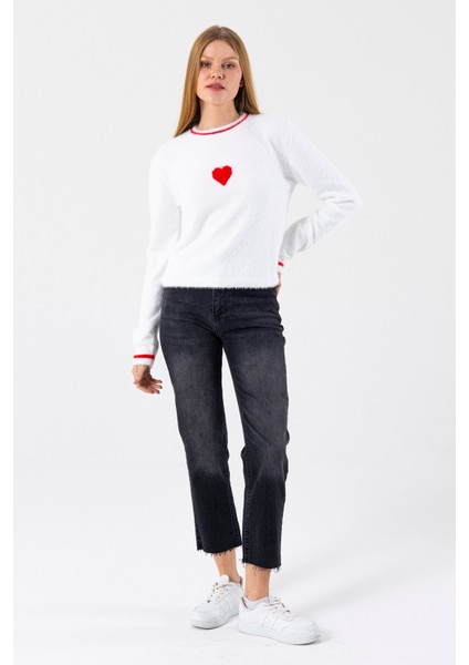 Kadın Bisiklet Yaka Kalp Detaylı Triko Kazak Beyaz - 2358 fırsatları