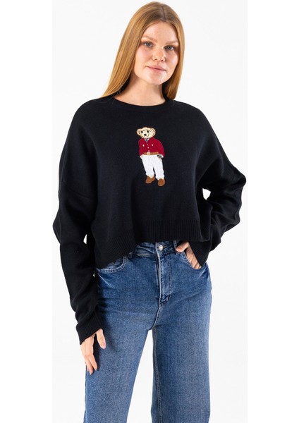 Kadın Bisiklet Yaka Kostümlü Ayıcık Nakışlı Triko Kazak Siyah - 2344