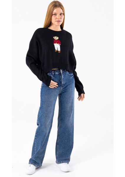 Kadın Bisiklet Yaka Kostümlü Ayıcık Nakışlı Triko Kazak Siyah - 2344 fiyatları