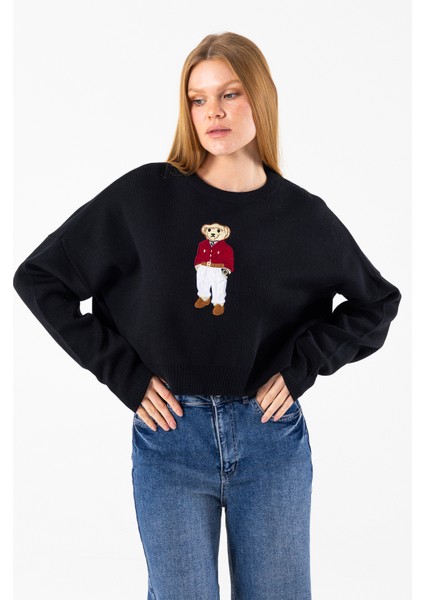 Kadın Bisiklet Yaka Kostümlü Ayıcık Nakışlı Triko Kazak Siyah - 2344 fırsatları