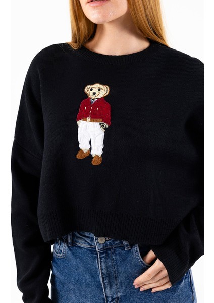 Kadın Bisiklet Yaka Kostümlü Ayıcık Nakışlı Triko Kazak Siyah - 2344 indirimleri