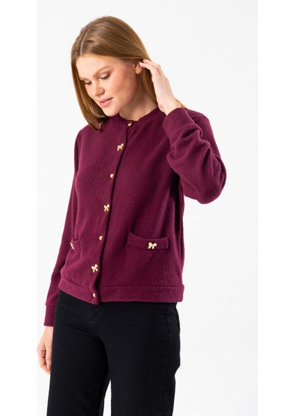Kadın Bisiklet Yaka Düğmeli Yumuşak Dokulu Hırka Bordo - 2686 fiyatları