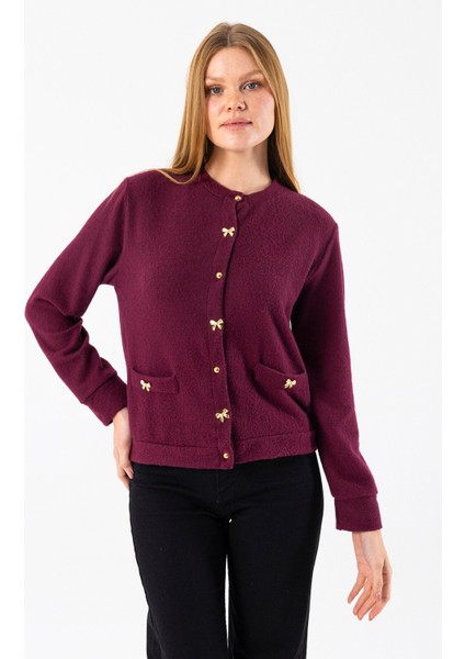 Kadın Bisiklet Yaka Düğmeli Yumuşak Dokulu Hırka Bordo - 2686 modelleri