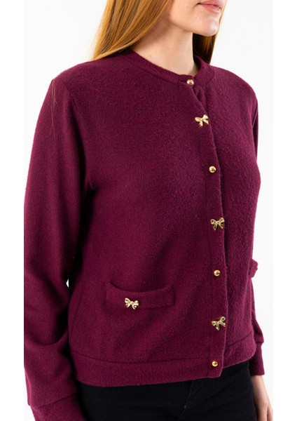 Kadın Bisiklet Yaka Düğmeli Yumuşak Dokulu Hırka Bordo - 2686 indirimleri